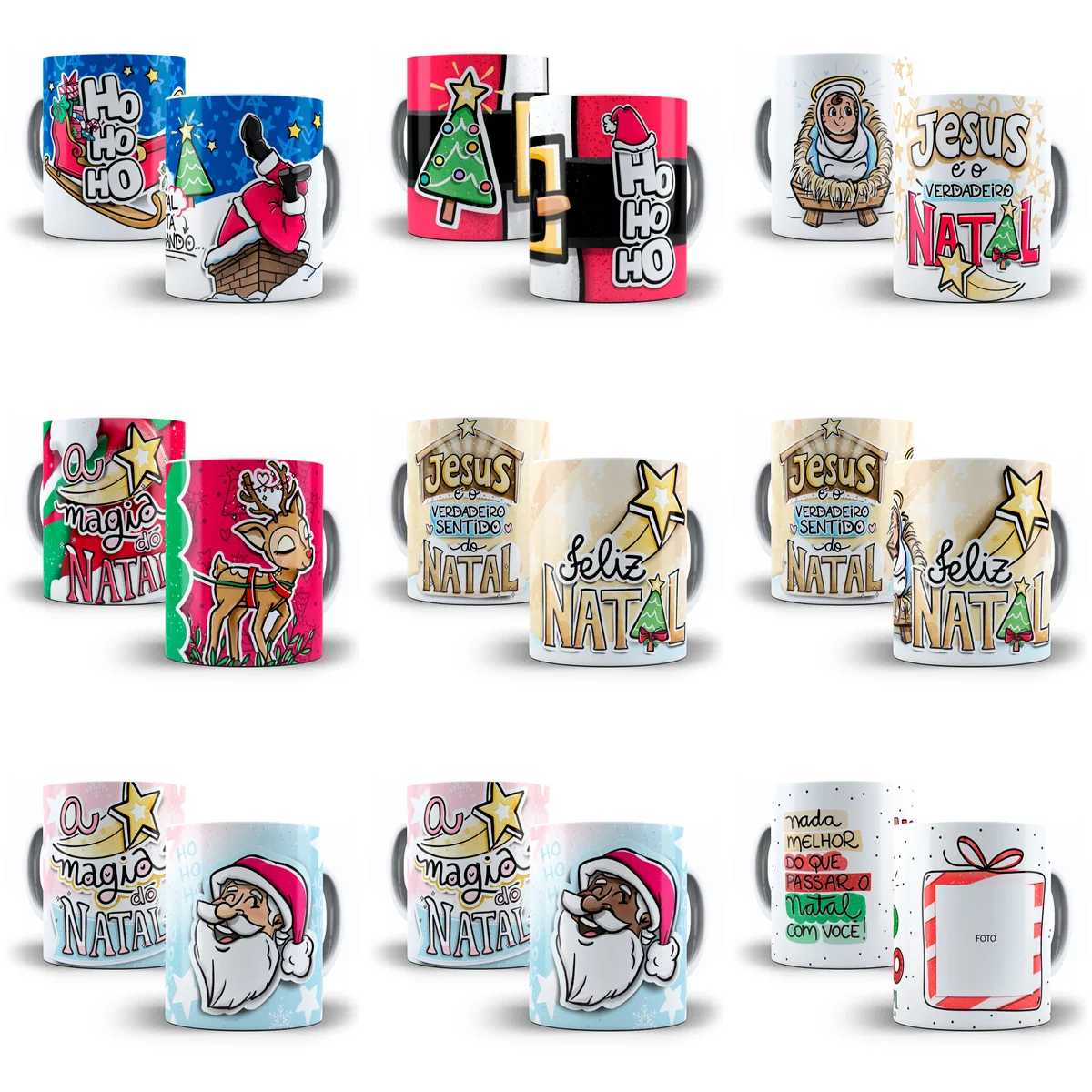 Pack Natal +140 Artes Caneca Frases Natalinas Papai Noel Png 6 Coleção de nove canecas de cerâmica com estampas diversas de temas natalinos coloridos.