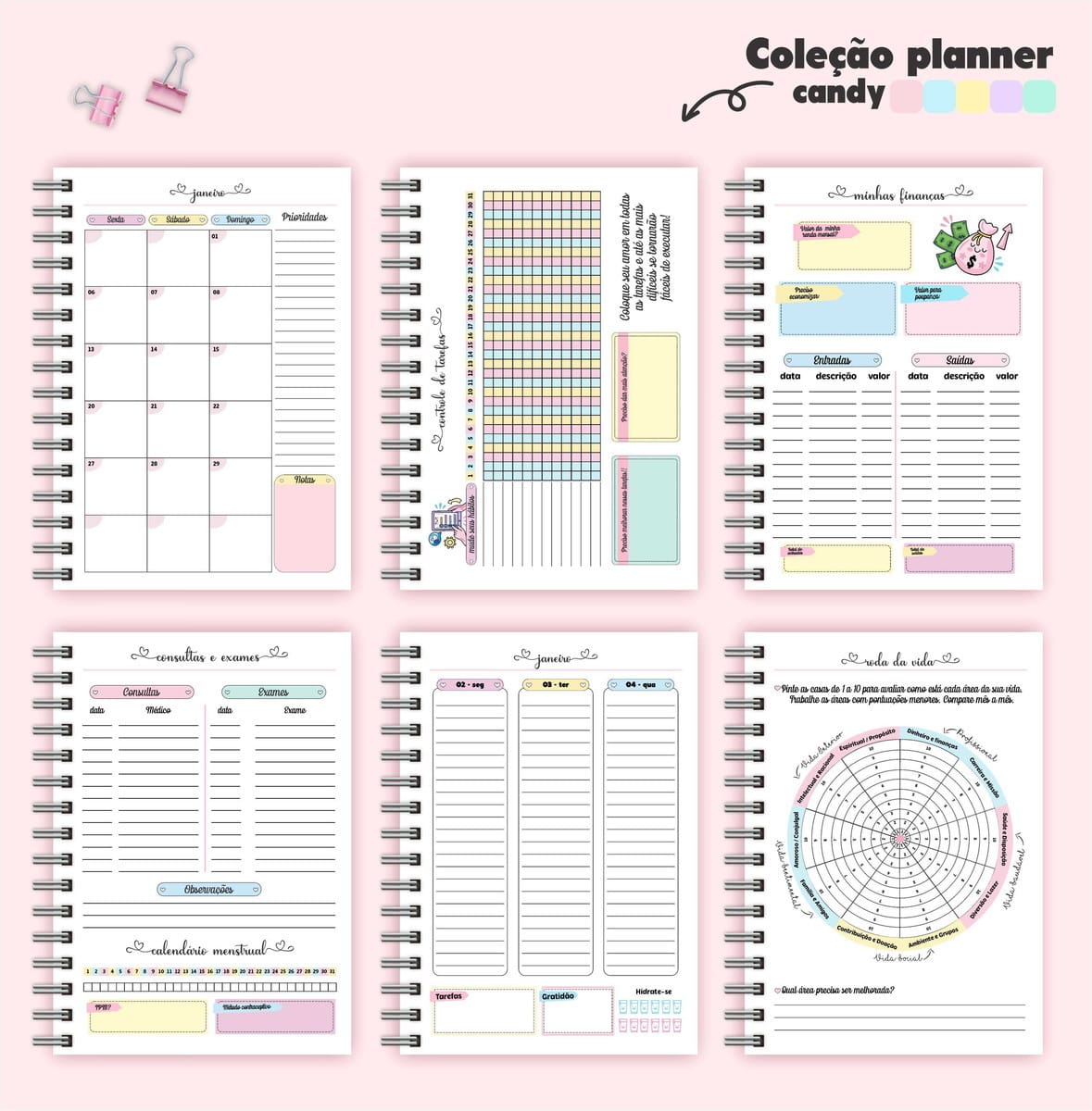 Planner 2023 Candy Digital para Imprimir e Personalizar 2 Seis páginas de planner digital com layouts de organização, finanças e bem-estar.