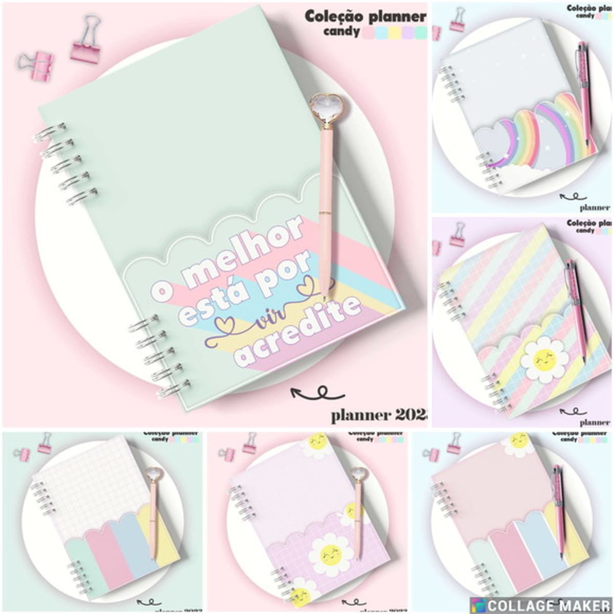 Planner 2023 Candy Digital para Imprimir e Personalizar 3 Arte digital de seis planners com capas e layouts internos em tons pastel.