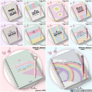 Planner 2023 Candy Digital para Imprimir e Personalizar 8 Coleção de planners digitais coloridos com designs pastel e frases motivacionais, acompanhados de canetas.
