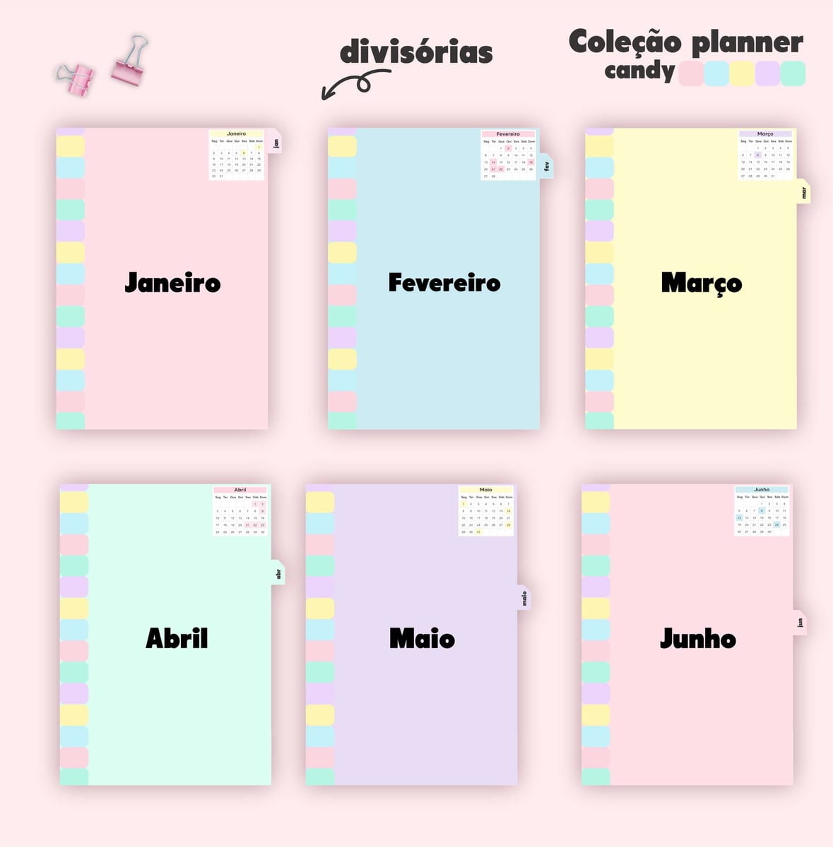 Planner 2023 Candy Digital para Imprimir e Personalizar 4 Divisórias de planner digital em tons pastel para os meses de janeiro a junho.