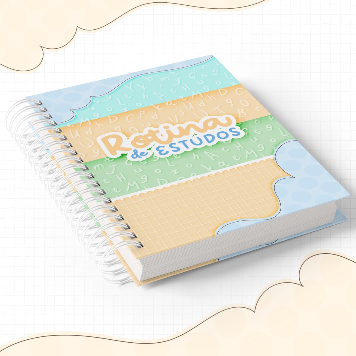 Rotinas de Estudos Menina e Menino para Imprimir 2 Caderno espiral com capa colorida e texto 'Rotina de ESTUDOS', design de nuvens.