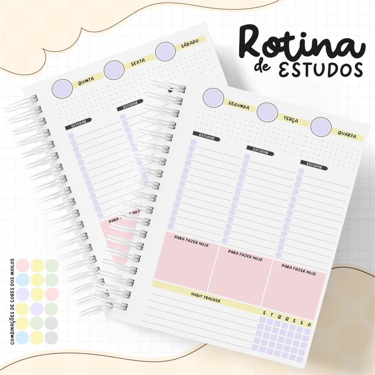 Rotinas de Estudos Menina e Menino para Imprimir 3 Arte digital de dois planners abertos para rotina de estudos com rastreador de hábitos e opções de cores.