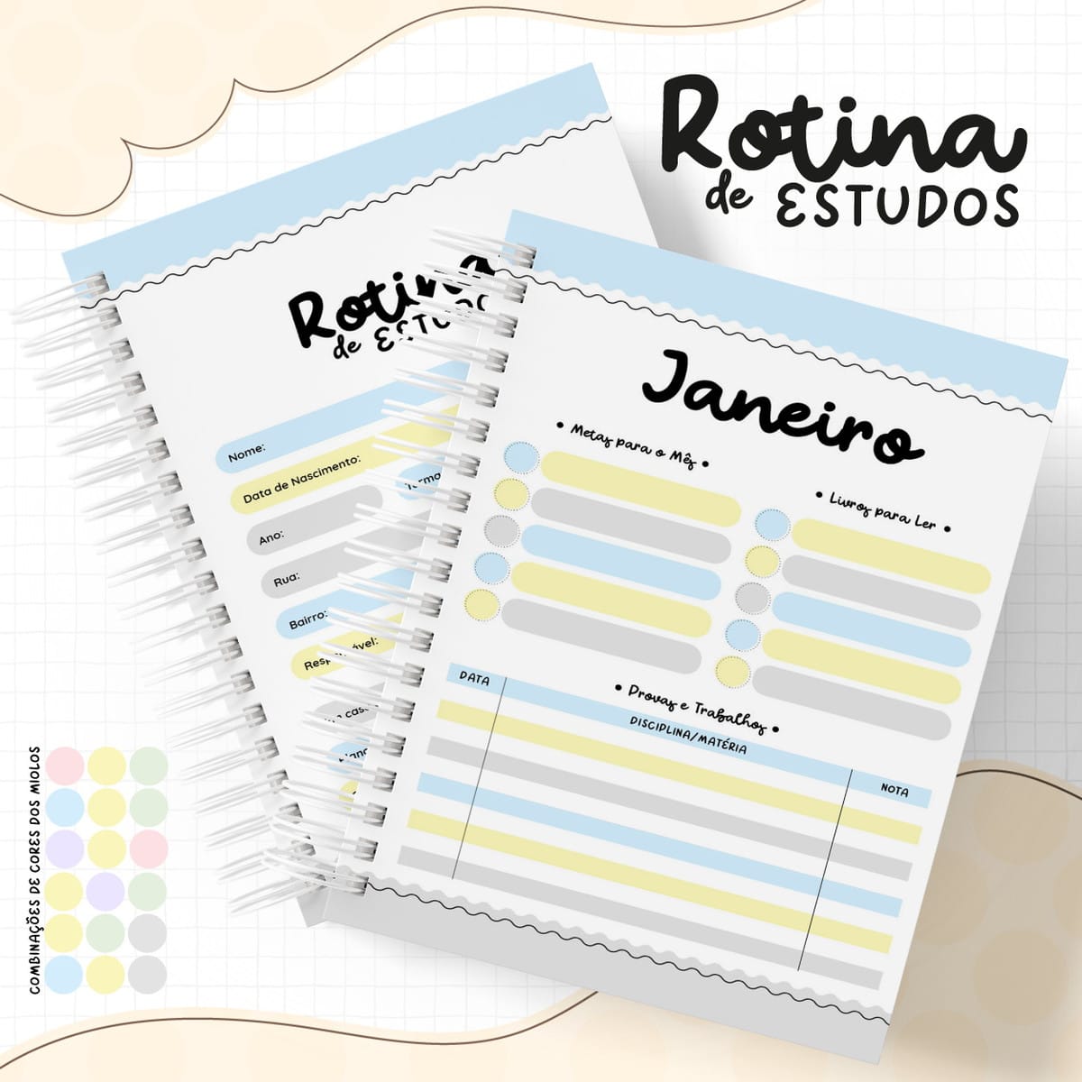 Rotinas de Estudos Menina e Menino para Imprimir 4 Arte digital de dois planejadores de estudos com seções para metas e tarefas.