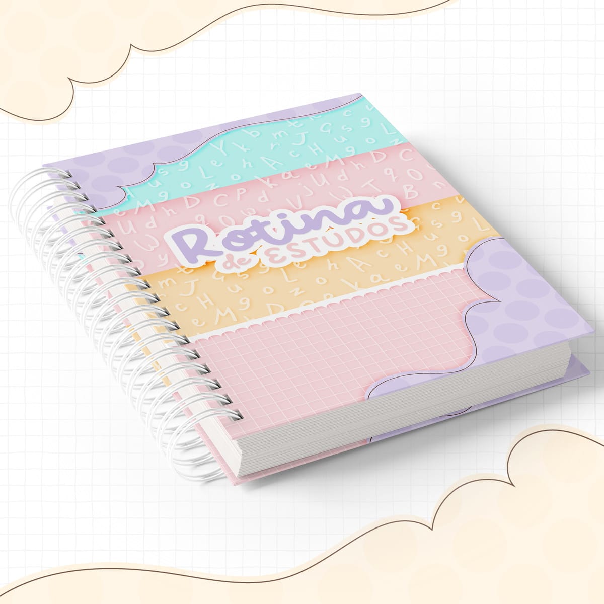 Rotinas de Estudos Menina e Menino para Imprimir 1 Caderno espiral colorido com "Rotina de Estudos", arte digital para organização.