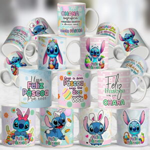 Artes para Caneca Páscoa Stitch Pacote Digital Editável 21 pacote artes canecas pascoa stitch arquivo digital