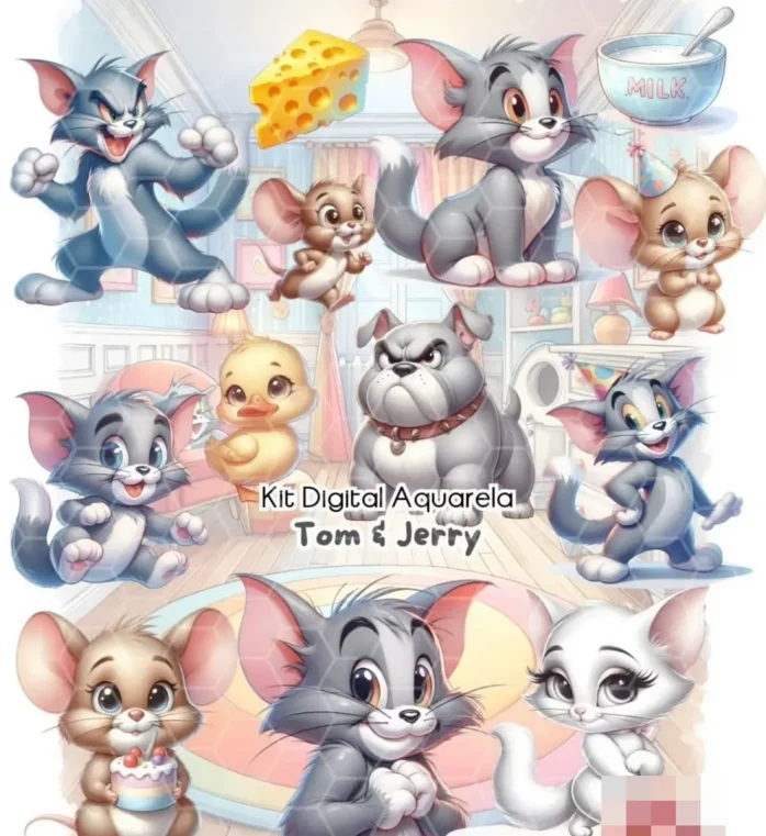 Pacote Artes Digitais Tom e Jerry Aquarela em PNG
