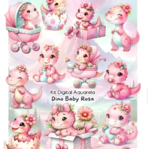 Pacote de Arquivos Dinossauro Rosa Aquarela PNG