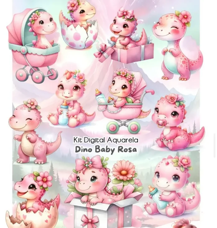 Pacote de Arquivos Dinossauro Rosa Aquarela PNG