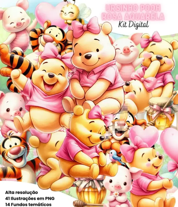 Pacote De Arquivos Png Ursinho Pooh Rosa Aquarela