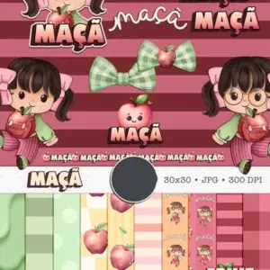 Pacote de Artes Digitais - Boneca Cute com Frutas Aquarela