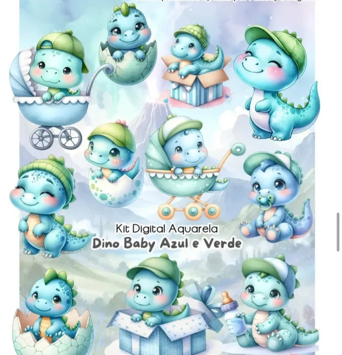 Pacote Dino Baby Aquarela - Arquivos PNG para Sublimação