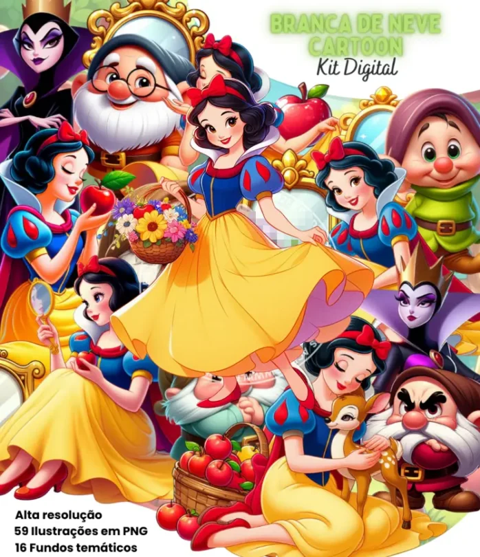 Pacote Temático Branca de Neve Cartoon - Arquivos PNG