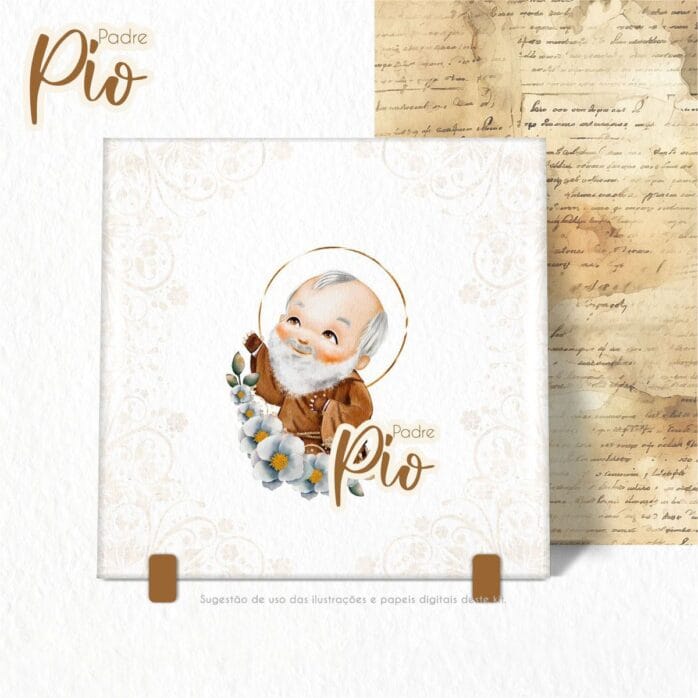 Padre Pio Kit Digital Santinhos Ilustrações Png em Aquarela