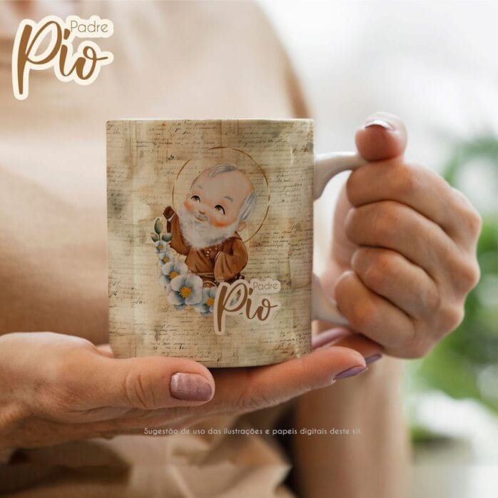 Padre Pio Kit Digital Santinhos Ilustrações Png em Aquarela