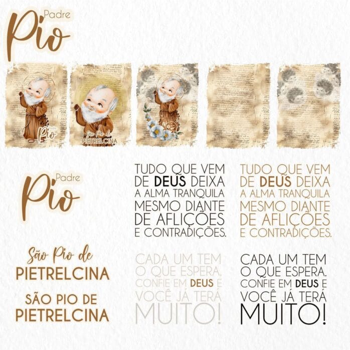 Padre Pio Kit Digital Santinhos Ilustrações Png em Aquarela