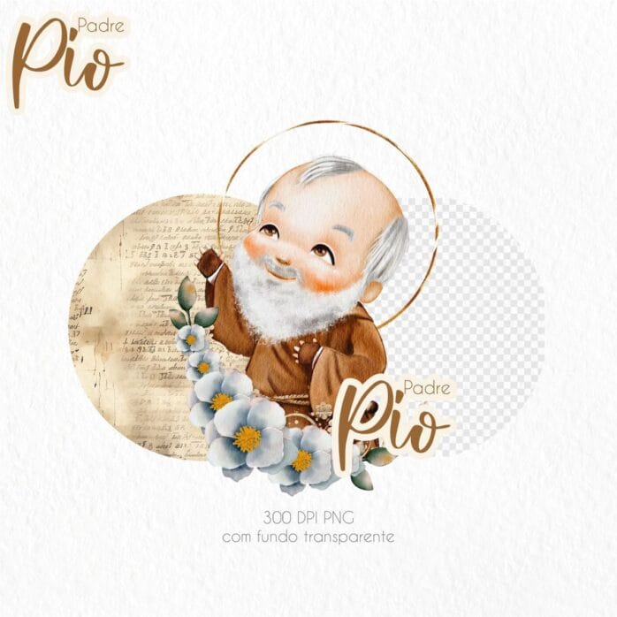 Padre Pio Kit Digital Santinhos Ilustrações Png em Aquarela