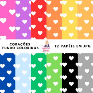 Papéis Digitais Corações Coloridos em JPG Alta Resolução 7 Doze papéis digitais coloridos com padrão de corações brancos para download.