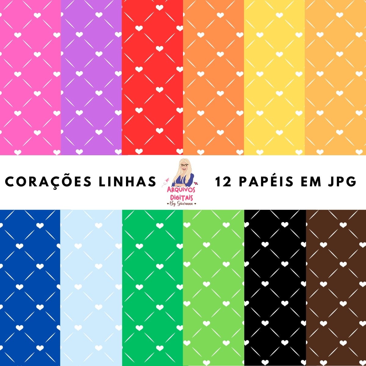 Papéis Digitais Corações Linhas JPG para Sublimação 1 Doze padrões de papel digital com corações e linhas em diversas cores vibrantes.