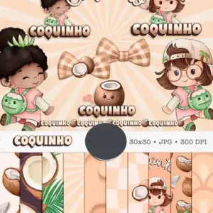 Papelaria Boneca Cute e Frutinhas Coco Aquarelado
