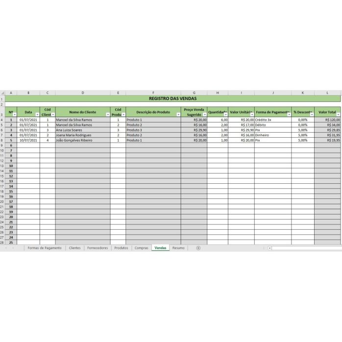 Planilha Cadastro Clientes Produtos Compras Vendas Completa