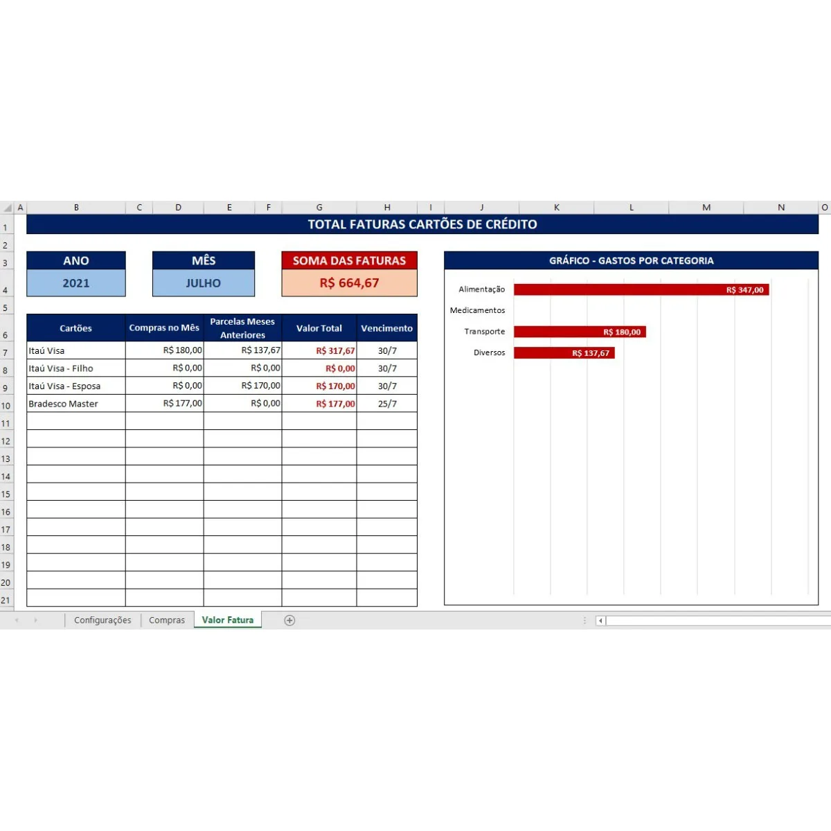 Planilha Excel Finanças Pessoais + Cartão de Crédito 2 Planilha Conciliação Cartão de Crédido Simples e Pática