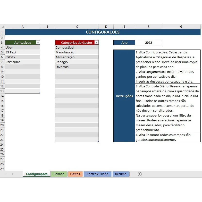 Planilha Controle Motorista Aplicativo Uber Taxi 99 Cabify