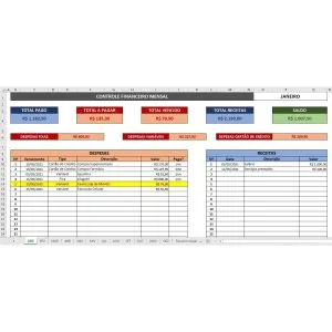 Planilha Financeira Controle Receitas e Despesas Mensais