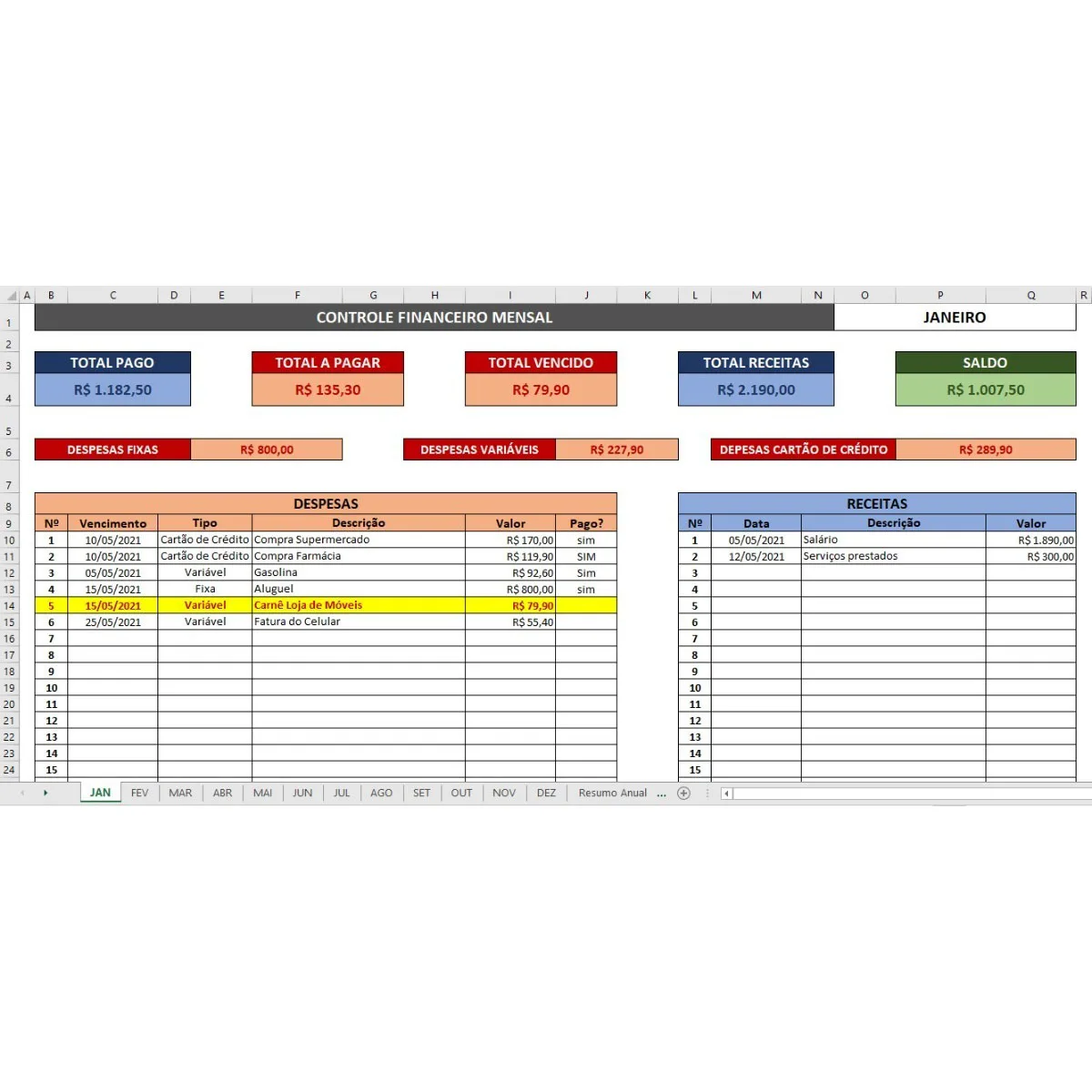 Planilha Excel Finanças Pessoais + Cartão de Crédito 6 Planilha Financeira Controle Receitas e Despesas Mensais