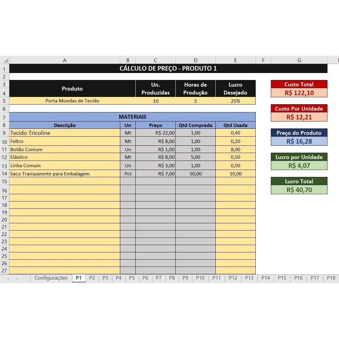 Planilha Precificação Produtos Com Cálculo de Materiais 1 Planilha Precificação Produtos Com Cálculo de Materiais
