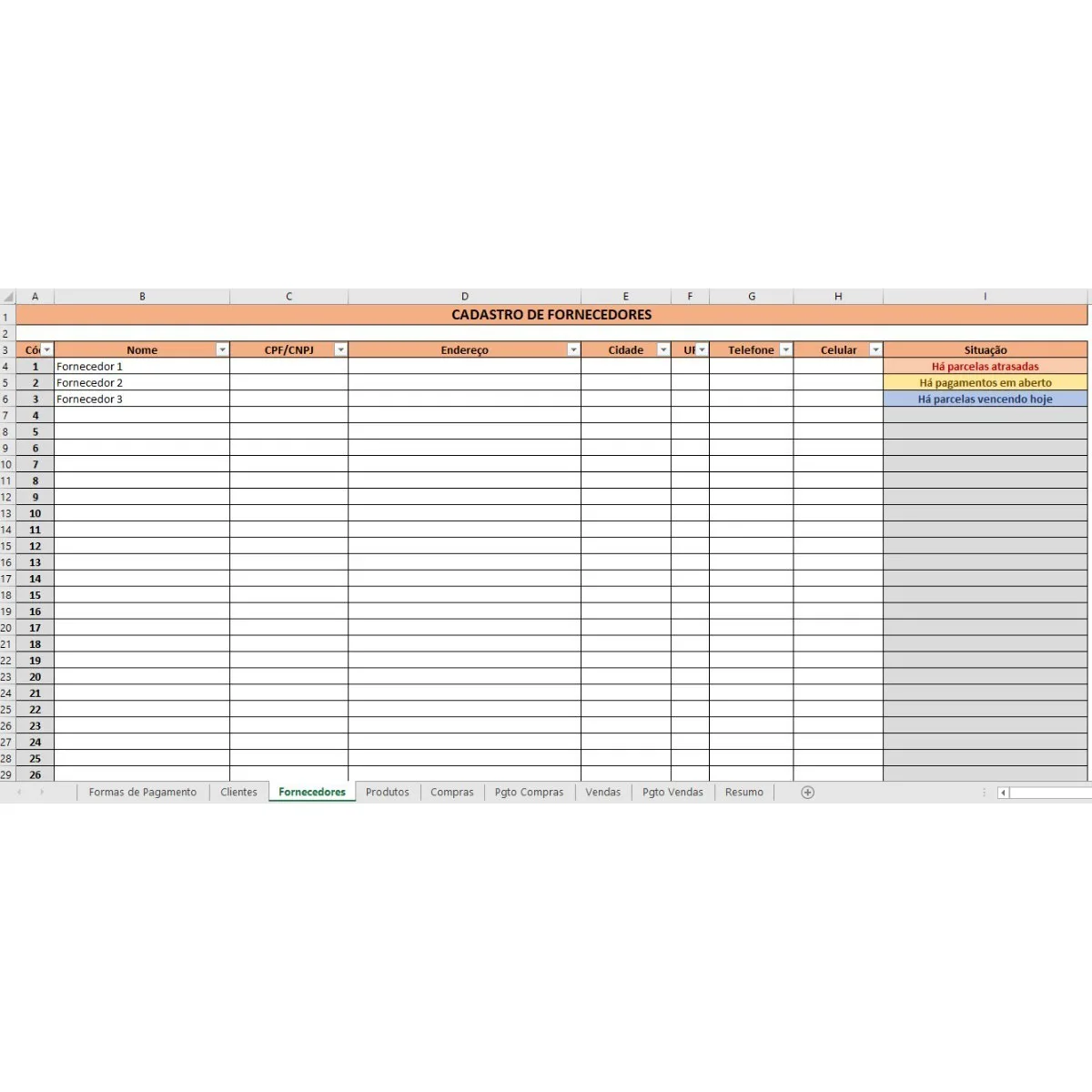 Planilha Produtos Compras Vendas Clientes Fornecedores 3 Planilha digital detalhada para cadastro de fornecedores com colunas organizadas.