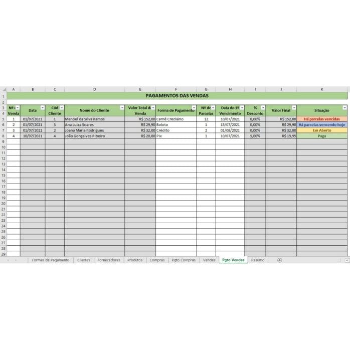 Planilha Produtos Compras Vendas Clientes Fornecedores