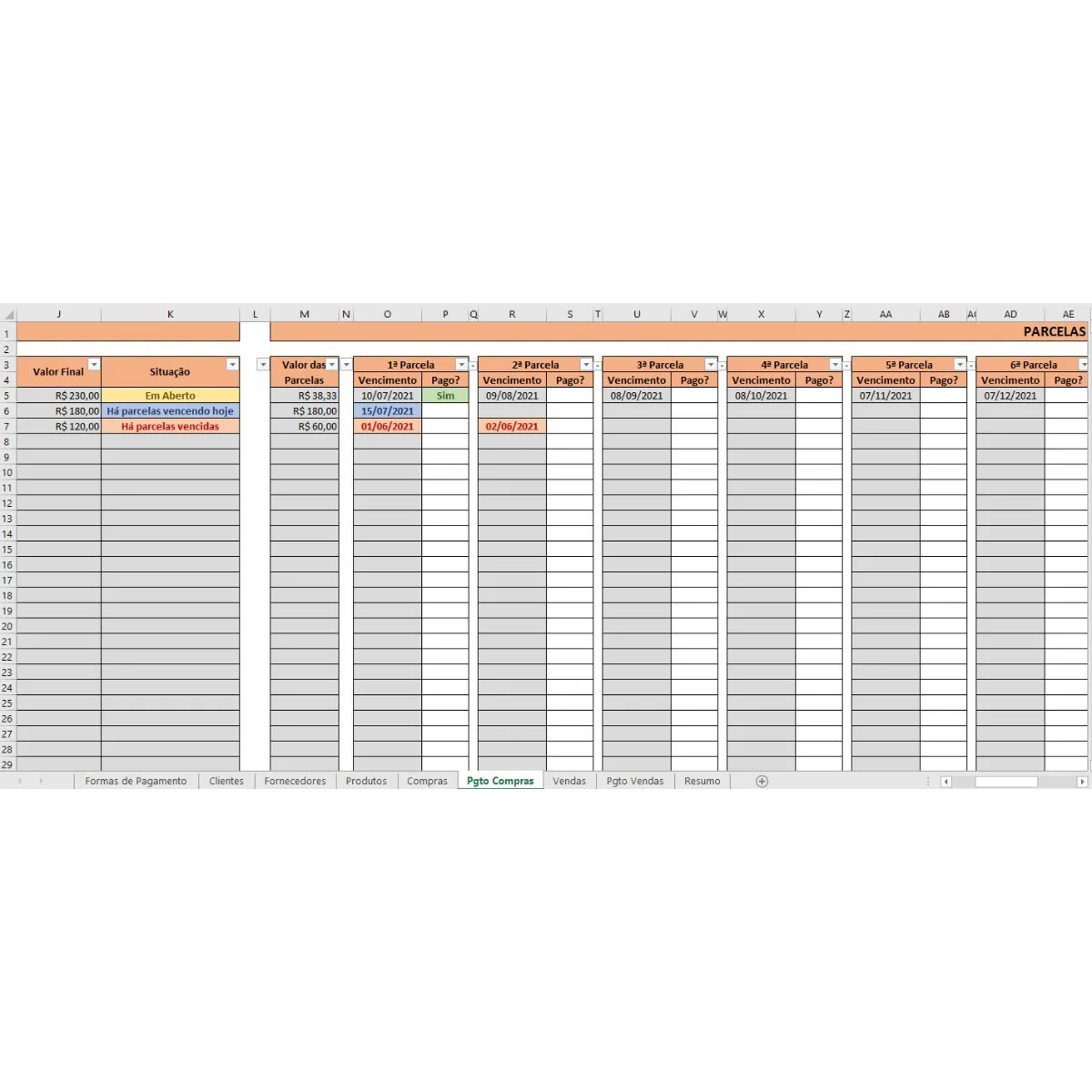 Planilha Produtos Compras Vendas Clientes Fornecedores 9 Planilha digital organizada com colunas detalhadas para controle financeiro de pagamentos.