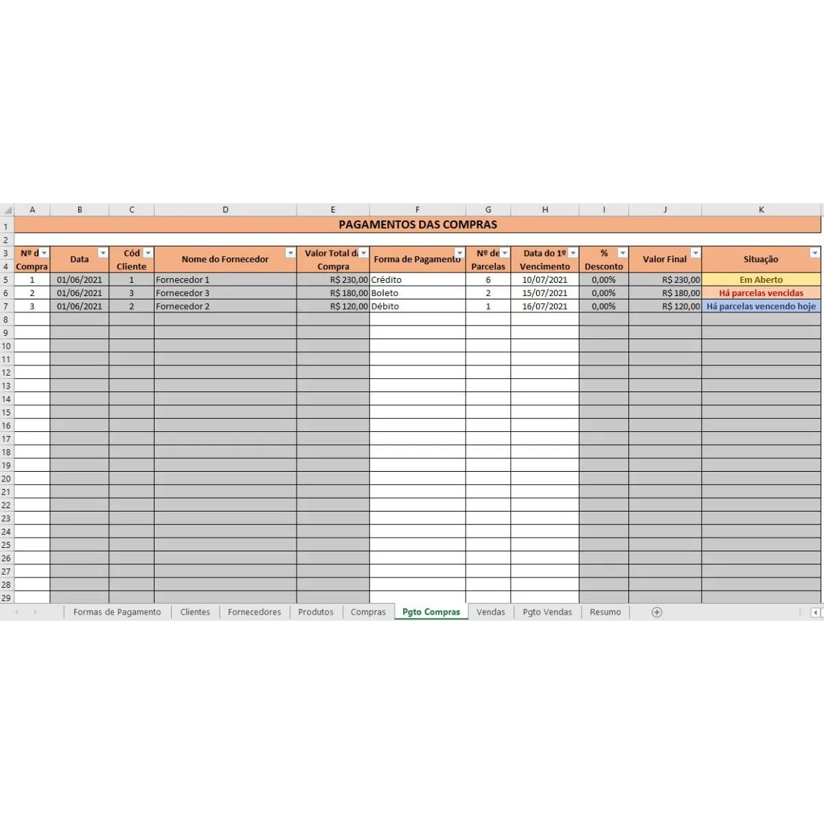 Planilha Produtos Compras Vendas Clientes Fornecedores 8 Planilha digital mostrando dados de controle de pagamentos de compras com linhas preenchidas.