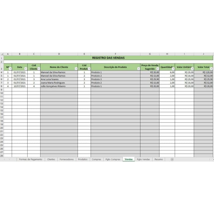 Planilha Produtos Compras Vendas Clientes Fornecedores