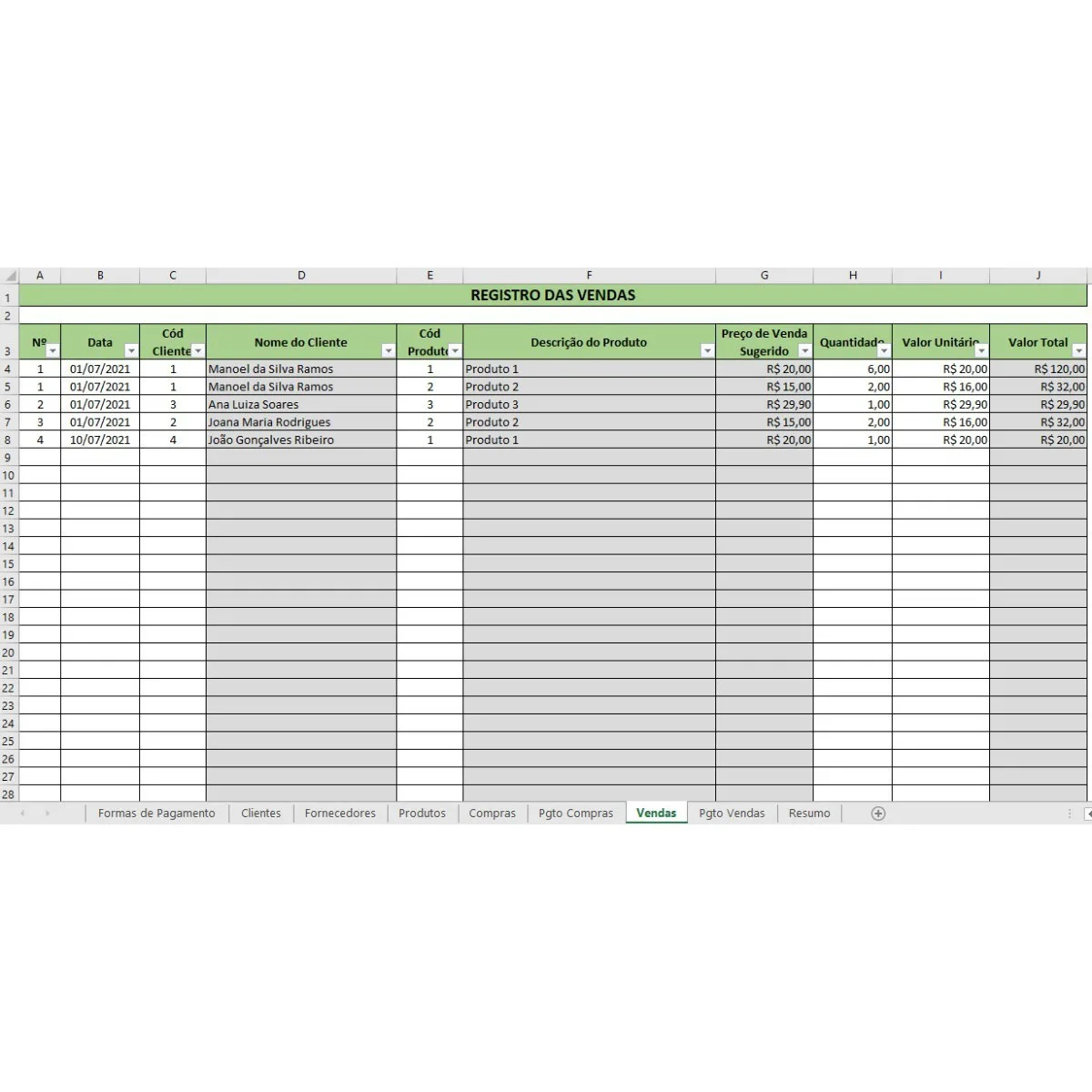 Planilha Produtos Compras Vendas Clientes Fornecedores 7 Planilha digital detalhando o registro de vendas com colunas e dados preenchidos.