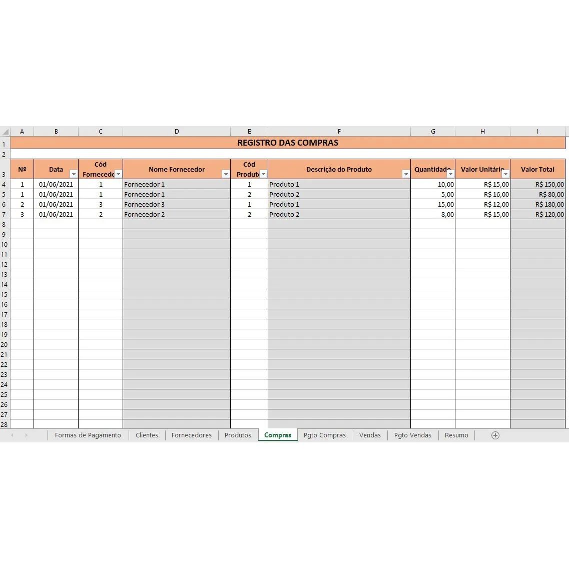 Planilha Produtos Compras Vendas Clientes Fornecedores 6 Planilha digital detalhando o registro de compras com colunas numeradas e preenchidas.
