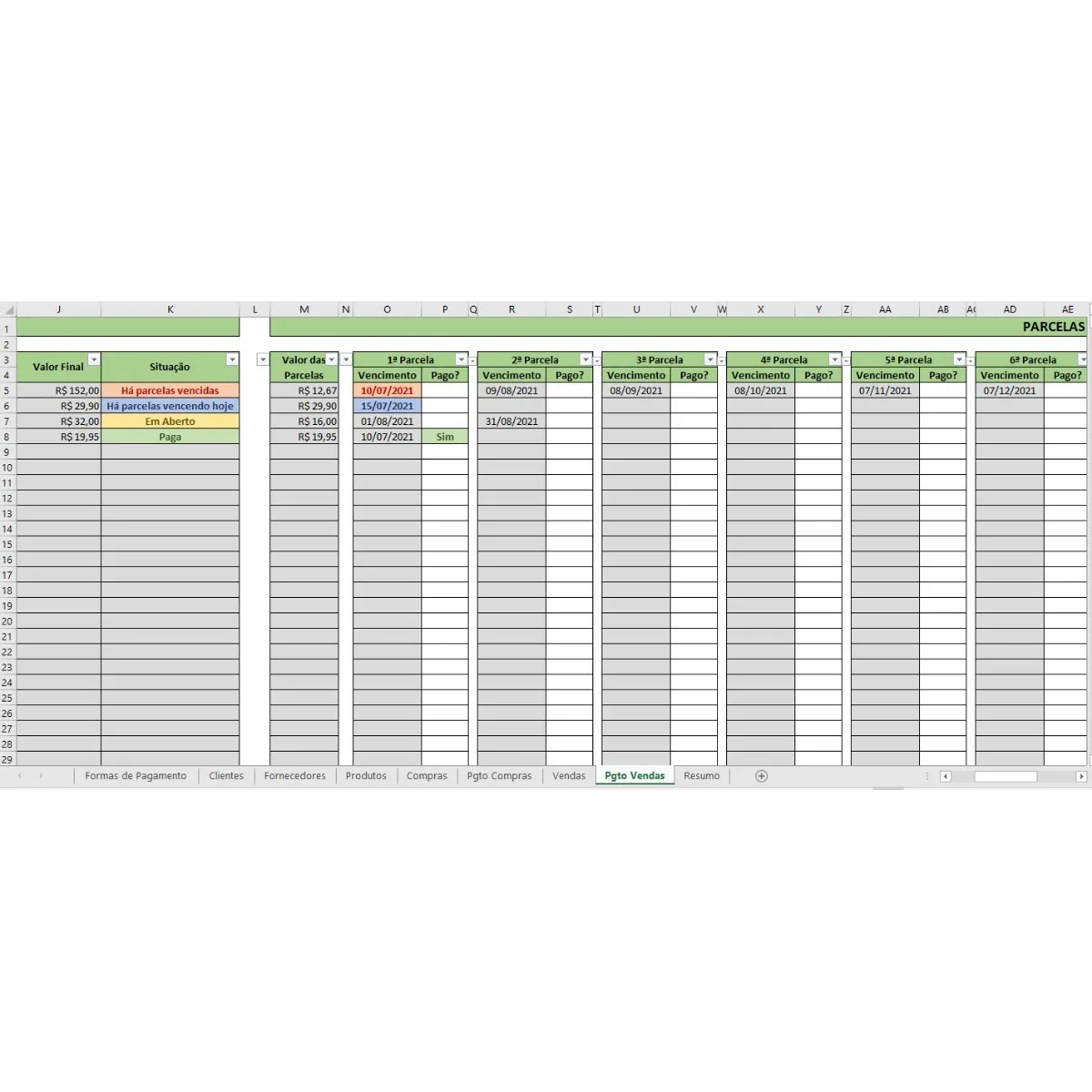 Planilha Produtos Compras Vendas Clientes Fornecedores 5 Planilha digital detalhando valores, parcelas, vencimentos e situações em colunas coloridas.