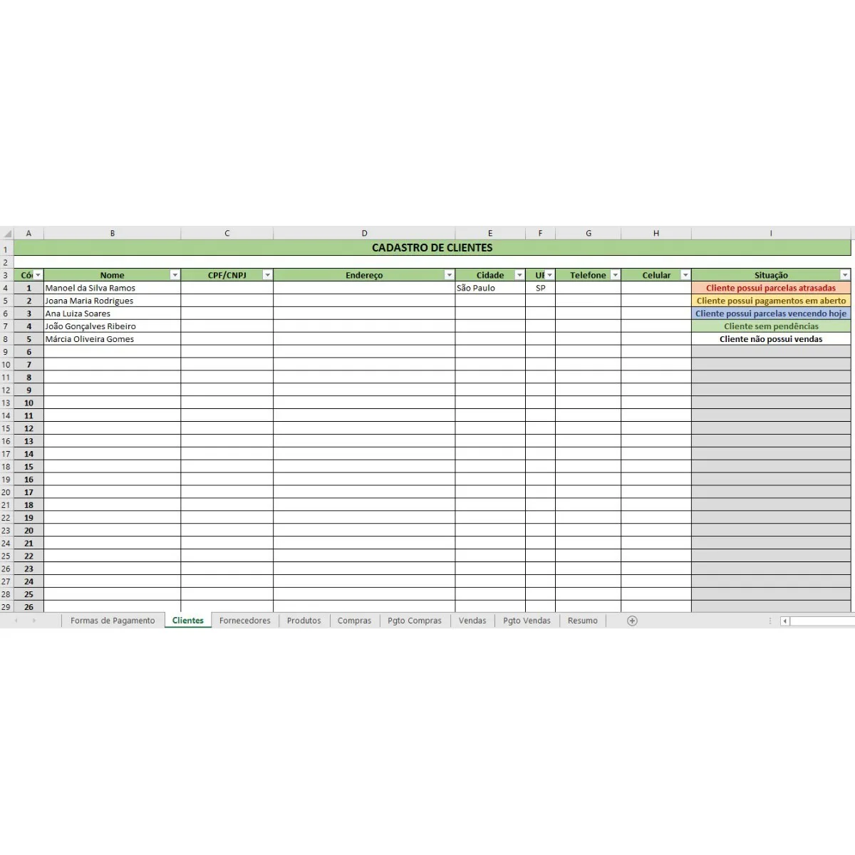 Planilha Produtos Compras Vendas Clientes Fornecedores 2 Planilha eletrônica com cadastro de clientes contendo linhas e colunas organizadas.
