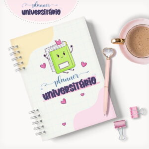 Caderno espiral com desenho de livro feliz, caneta e café em fundo branco.