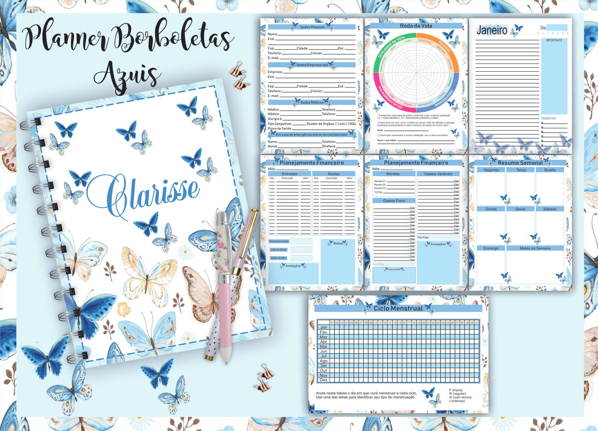Planner Borboletas Azuis Digital para Imprimir e Revender 1 Planner Borboletas Azuis Digital para Imprimir e Revender