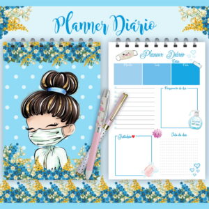 Agenda com ilustração de menina de máscara rodeada por flores azuis e amarelas.