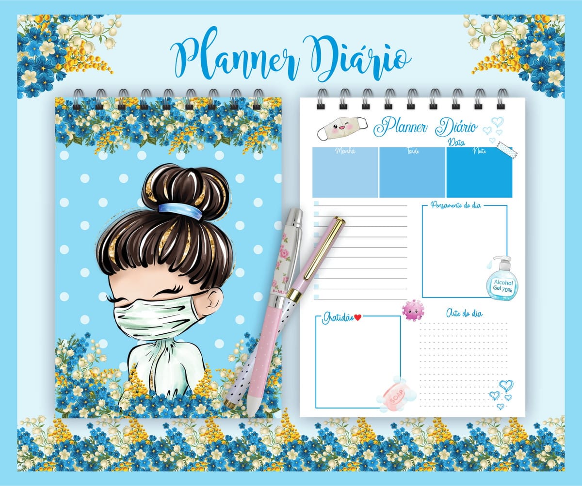 Planner Diário Heróis Corona Azul para Imprimir e Personalizar 1 Agenda com ilustração de menina de máscara rodeada por flores azuis e amarelas.