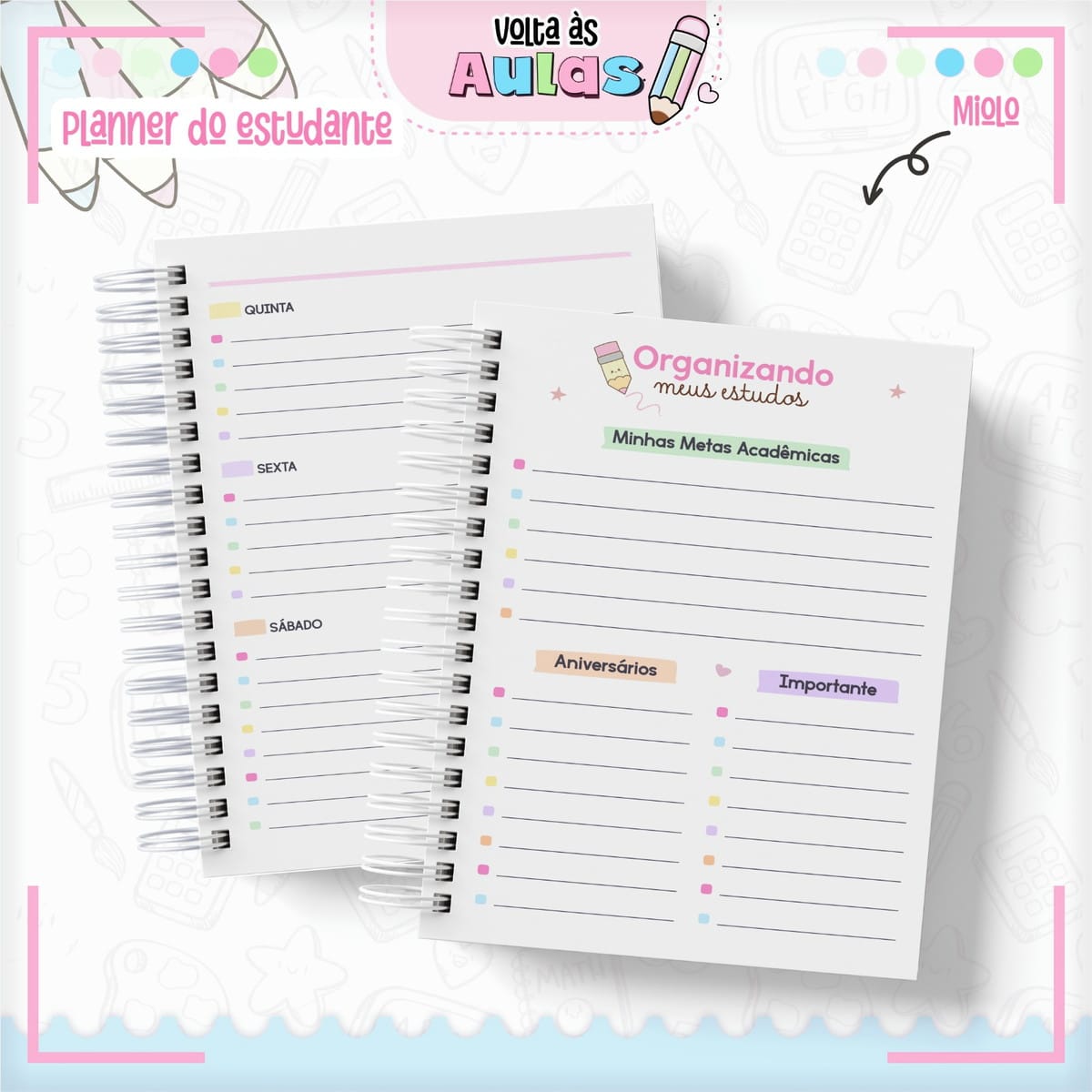 Planner Estudante Feminino Kawaii para Imprimir e Encadernar 3 Páginas de planner digital com seções para dias da semana e metas de estudo.
