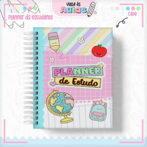 Planner Estudante Feminino Kawaii para Imprimir e Encadernar 14 Capa digital de planner de estudo com ilustrações de lápis, maçã, globo e mochila.