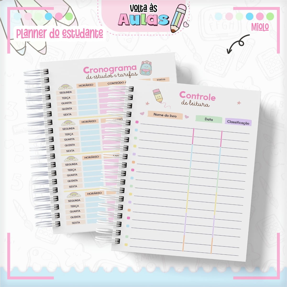 Planner Estudante Feminino Kawaii para Imprimir e Encadernar 4 Páginas de planner digital com cronograma de estudos e controle de leitura coloridos.