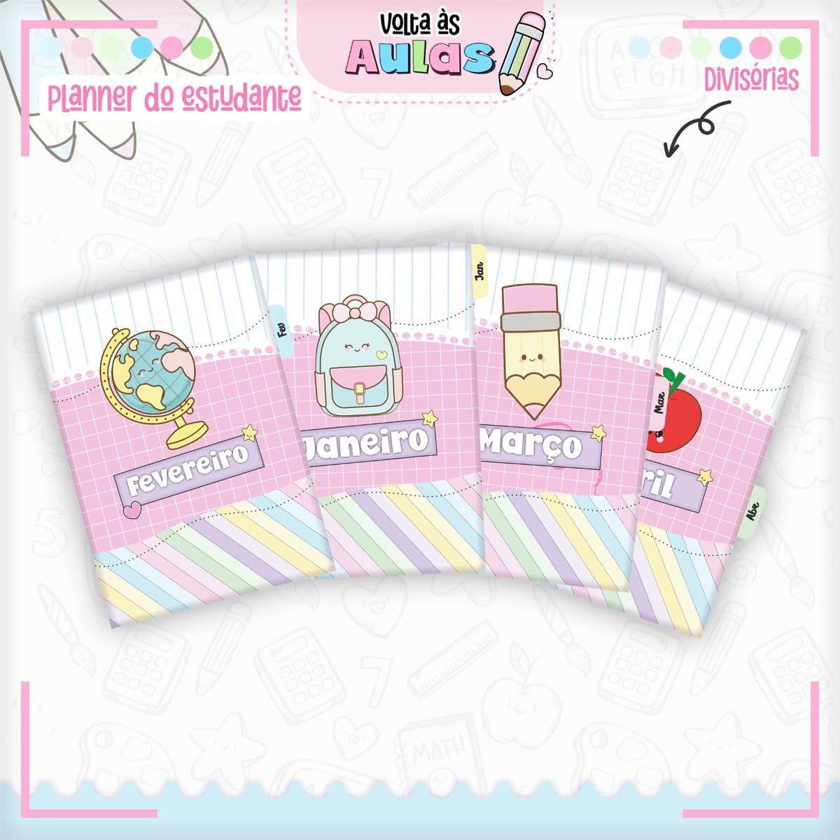 Planner Estudante Feminino Kawaii para Imprimir e Encadernar 5 Divisórias digitais de planner estudante, com meses e ilustrações escolares fofas.