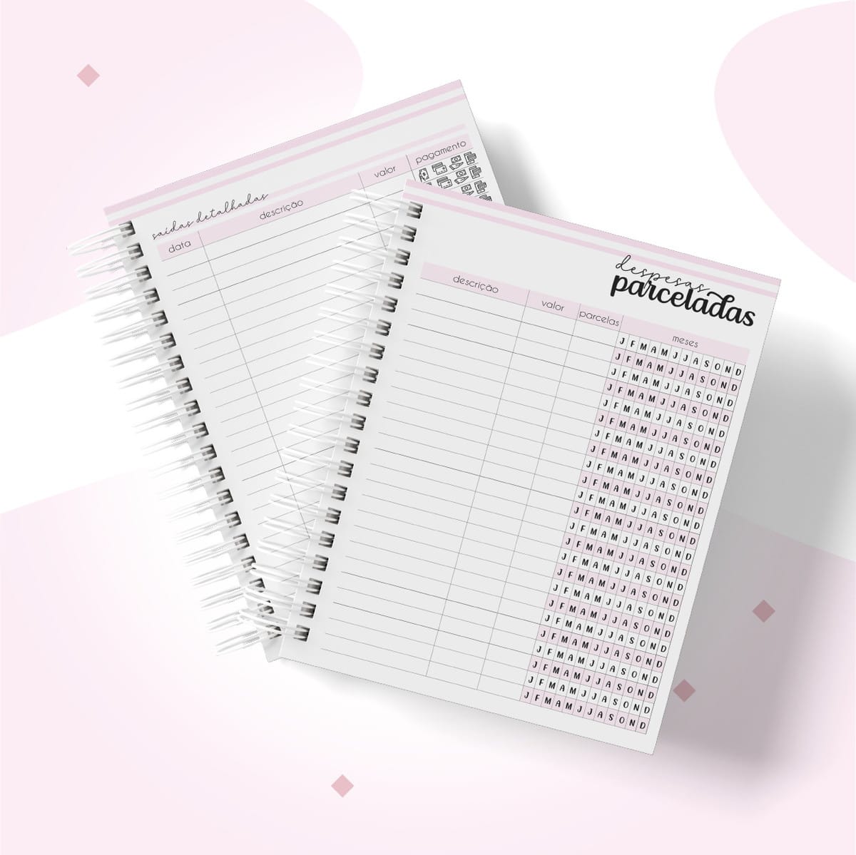 Planner Financeiro Feminino Digital para Empreendedoras 2 Páginas de um planner financeiro digital com seções de saídas e despesas parceladas.