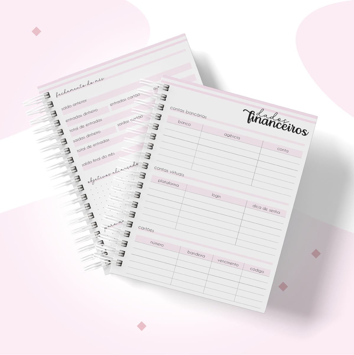 Planner Financeiro Feminino Digital para Empreendedoras 3 Duas páginas abertas de um planner financeiro digital com seções de controle.