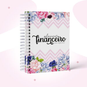 Arte digital de planner financeiro com capa floral e padrão chevron rosa.